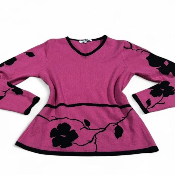 100% Cashmer Acorn Women's Pink & Black Floral V-Neck, Long Sleeve Sweater. M. - Picture 2 of 3